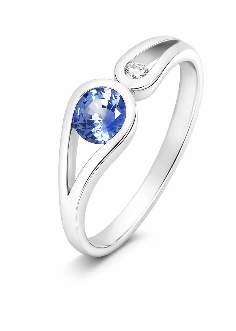 Bague Saphir Bleu Rond et Diamant en Or Blanc 750 pour femme - Bijoux Trabbia Vuillermoz