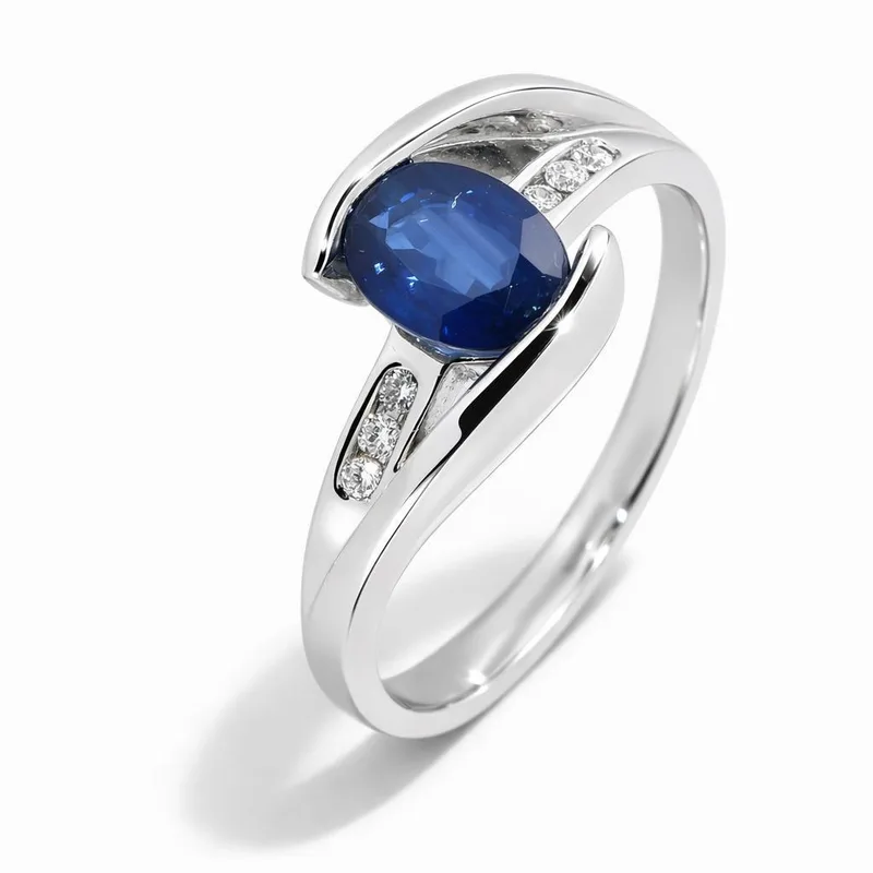 Bague Saphir Bleu Ovale 7x5mm et Diamant en Or Blanc 750 pour femme - Bijoux Trabbia Vuillermoz